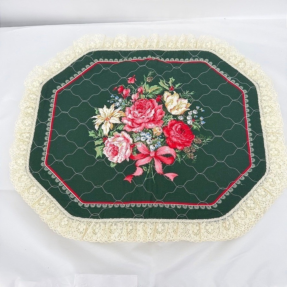 Cottage Core Rose Floral Placemats Set of 6 Quilted Lace Trim Table Decor